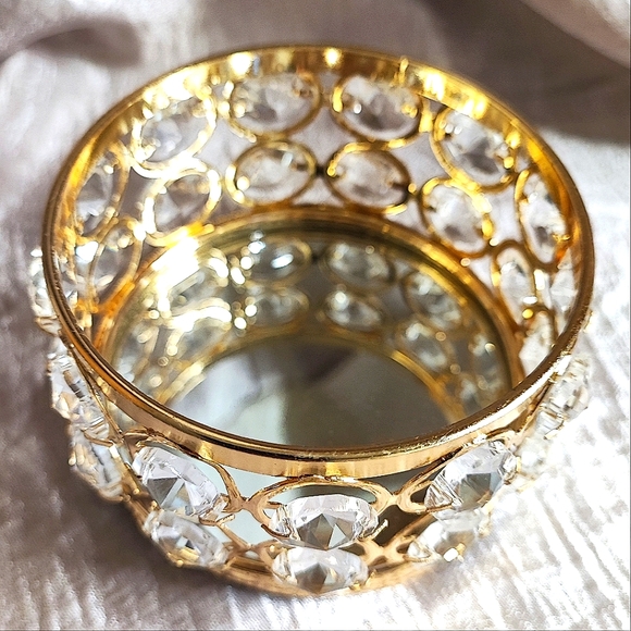 Jewelry Jewel Box Faceted Crystals Heavy Gold Plate Finial Mirrored Velvet NEW - Picture 3 of 8